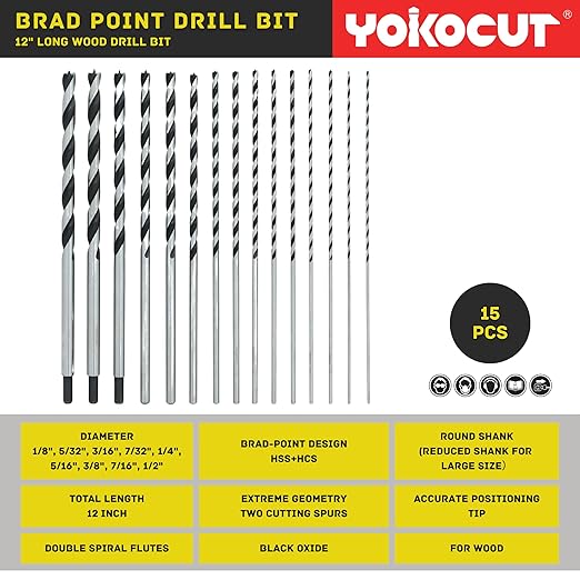 Brad Point Drill Bits Set, 15pcs 12 Inch Long Wood Drill Bits, 1/8" to 1/2" Brad Point Drill Bits for Woodworking, Extra Long Drill Bit for Hardwood, Plywood, PVC, Drywall, Engineered Composites