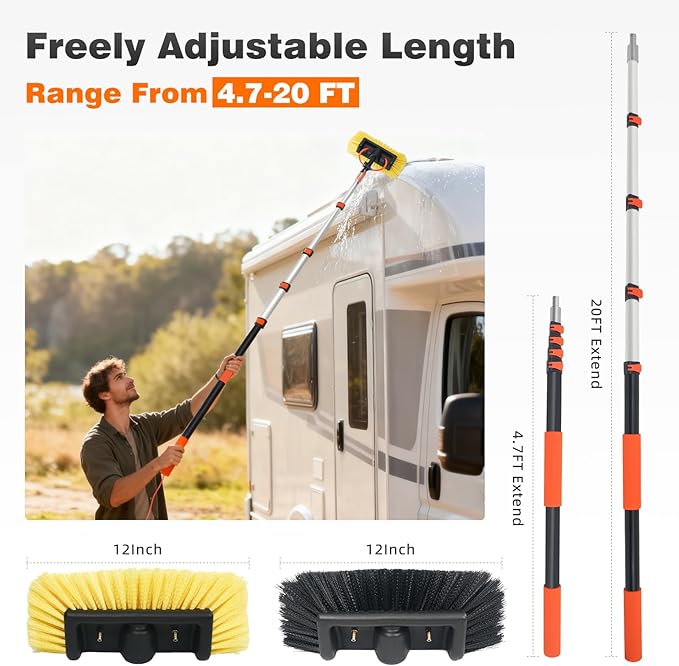 20FT Car Wash Brush with Long Handle, Car Cleaning Brush with 12" Soft Bristle and Hard Bristle, Telescopic Pole with Hose Attachment for Scratch-Free Cleaning Truck,RV,Boat,Siding,Solar Panels