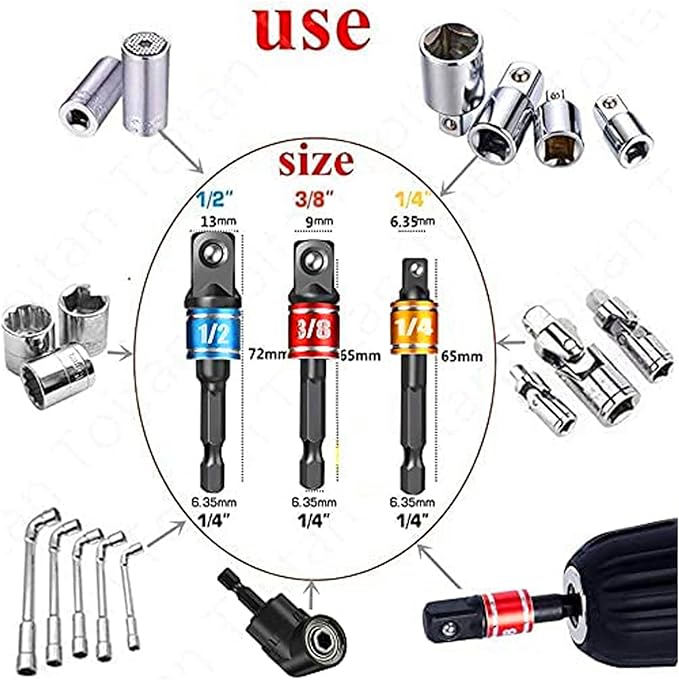 Impact Grade Socket Adapter Set - 3 Pcs Extension Drill Bit Socket Wrench Adapter for Impact Driver 1/4 3/8 1/2" Drive, 105 Degree Right Angle Drill Attachment for Household Workplace Industry