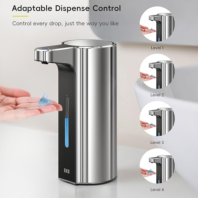EKO Aroma Pro 13.5 fl oz Touchless Automatic Liquid Soap Dispenser, Rechargeable Hand & Dish Soap Dispenser for Bathroom and Kitchen Sink, Waterproof, Adjustable Volume Control (Chrome Metallic)