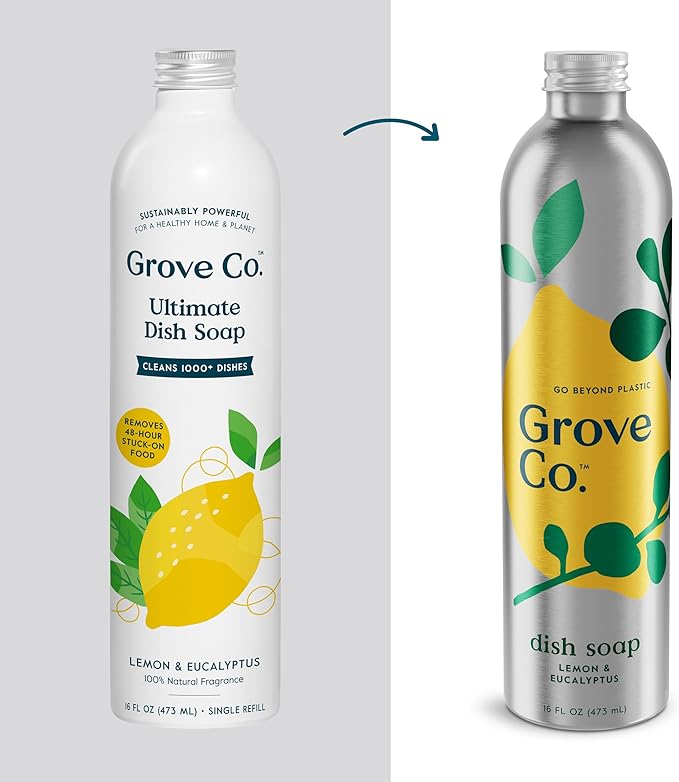 Grove Co. Ultimate Dish Soap Refills (3 x16 Fl Oz) Removes 48-hr Stuck-on Food and Grease, Plastic Free Cleaning Products, 100% Natural Lemon & Eucalyptus Fragrance