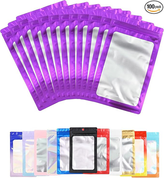 100 Pack Resealable Plastic Bags for Food Storage, Zipper Bags with Clear Front Window, Packaging Pouch for Small Business (Purple, 2.9x4.7 inch)