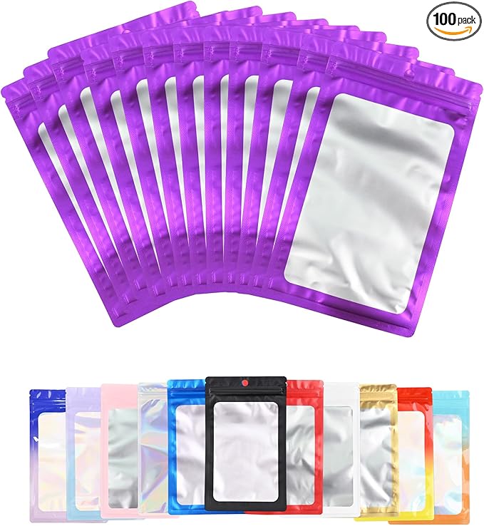 100 Pack Resealable Plastic Bags for Food Storage, Zipper Bags with Clear Front Window, Packaging Pouch for Small Business (Purple, 2.4x3.9 inch)