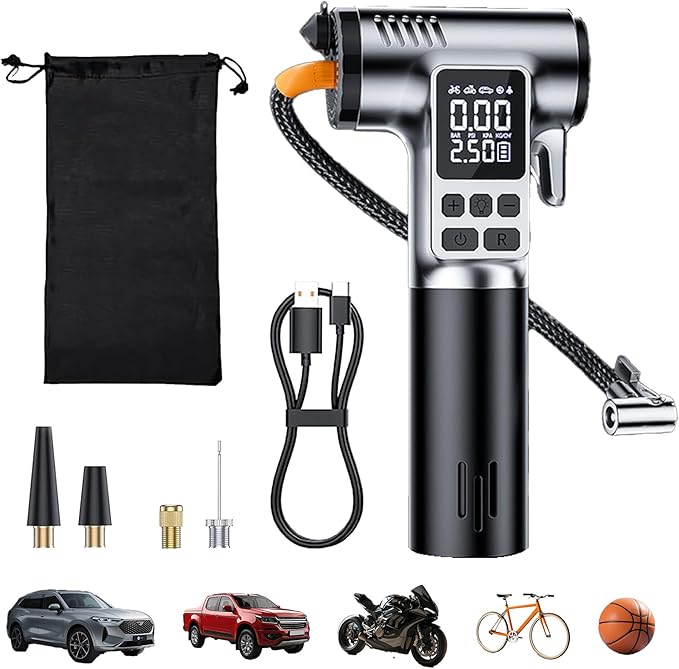 Tire Inflator Portable Air Compressor, Digital Pressure Gauge & Auto Shut-Off, Portable emergency tool as LED light, safety hammer & seatbelt cutter, for Car, Bike, Ball, Motor