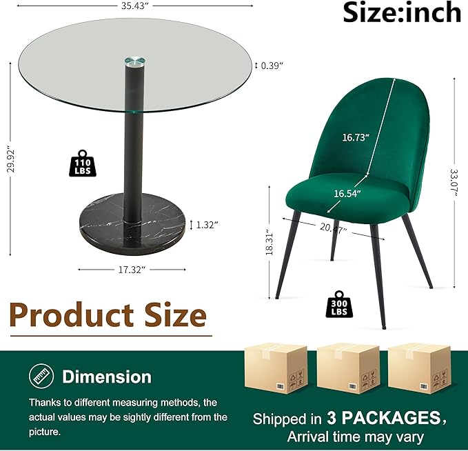 Round Dining Room Table Set for 4, 5 PCS Glass Tulip Kitchen Table Set, Marble Base Living Coffee Table with Upholstered Dining Chairs Luxury Comfy Accent Side Chairs for Small Spaces