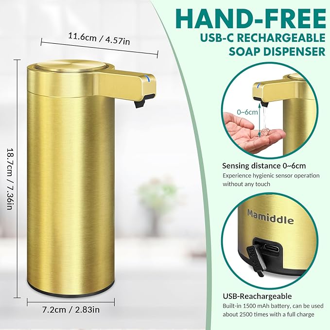 Automatic Soap Dispenser Stainless Steel with Sensor Infrared Soap Dispenser Electric IPX5 Waterproof USB-C Charging Motion Sensor for Kitchen & Bathroom (Gold)