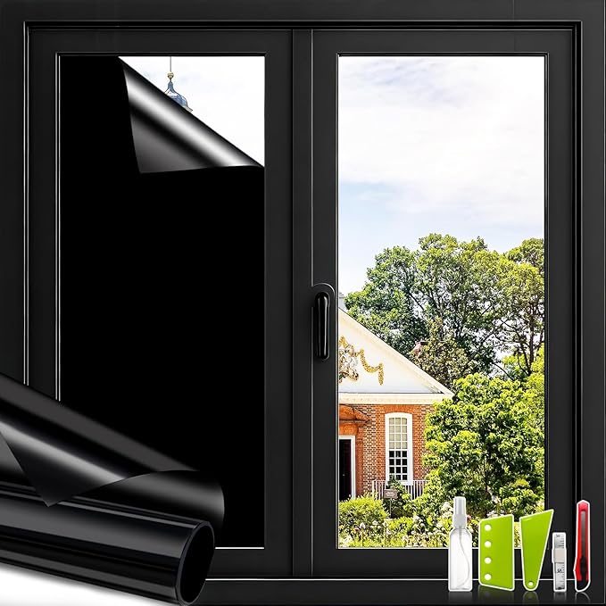 Privacy Window Film Total Blackout Cover, 100% Light Blocking Window Tint Static Cling Sun Blocking Heat Control, Anti UV Scratch Resistant for Home Office (Black, 17.5in x 13ft)