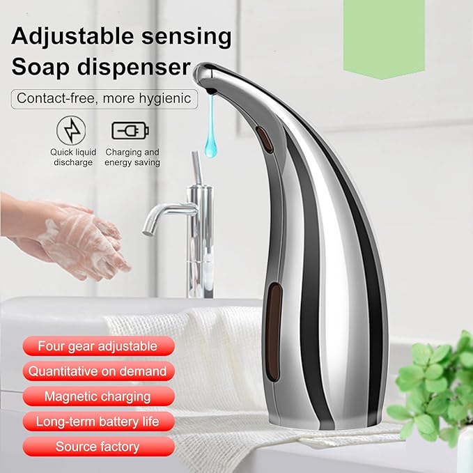 Automatic Soap Dispenser Touchless Modern Minimalist Magnetic Charging Infrared Inductio Kitchen and Bathroom Soap Pump 10oz/300ml Silvery (Silvery)