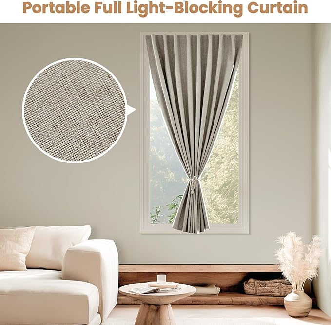 Adhesive Curtain,100% Blackout Shades,No Rod,Easy to Install,Provides Privacy Protection for Bedrooms (Light Coffee - W35 × L72 in)
