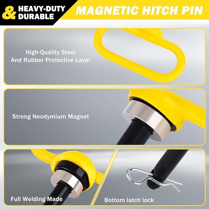 Magnetic Hitch Pin, Heavy Duty Ultra Strong Neodymium Magnet Lawn Mower Trailer Gate Pins Accessories 1/2 Inch for Mowers, Lawn Tractors, Towing - Simple One Handed Hook On & Off(Yellow)