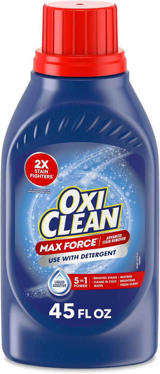 OxiClean Max Force Advanced Stain Remover Liquid, Color-Safe, Bleach-Free Kids and Baby Essential, Use with Detergent to Remove Messy Stains like Berries, Juice, Mud, Grass, 45 Fl Oz