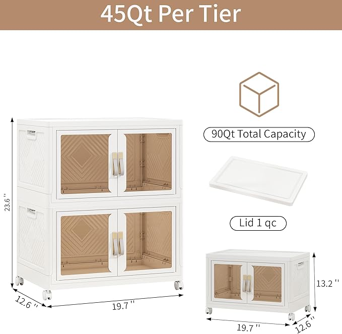 Large Clear Stackable Storage Bins with Lids, Foldable Storage Cabinet for Closet Organizers and Storage, Plastic Storage Box with Wheels 90 QT