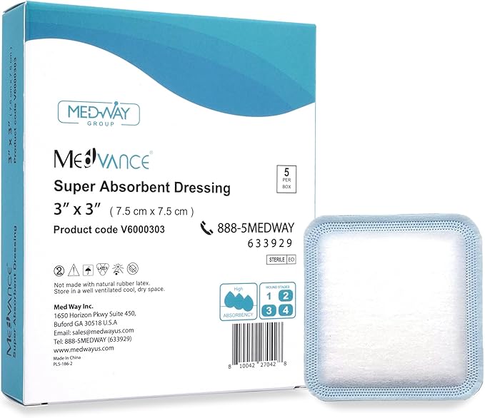 MedVance Super Absorbent Dressing, Non-Adhesive Pads for Wound Care, Pressure Ulcers & 1st/2nd Degree Burns, Superior Moisture Absorption, Box of 5 Dressings (3"x3" Bandage, 1.75"x1.75" Absorbent Pad)