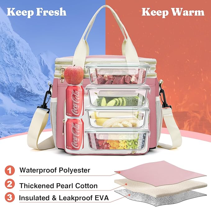 LOKASS Expandable Lunch Box for Women | Adult Lunchbag Cooler Tote Bag with Adjustable Shoulder Strap | Insulated Reusable Womens Lunch Bags for Work Camping Beach | 16L, Pink