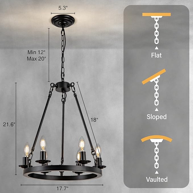 Wagon Wheel Chandelier, 6-Light Black Modern Rustic Farmhouse Chandelier Adjustable Height Pendant Kitchen Light for Ceiling Hanging Dining Room, Living Room, Entryways, Foyer