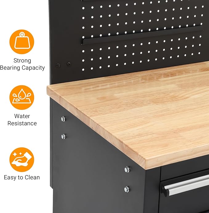 Heavy Duty 61 in Tool Chest Cabinet, Mobile Garage Workbench with 10 Drawers and Power Strip, Rubber Wood Worktop, 1675 LBS Load, Rolling Tool Storage Organizer for Mechanic, Shop or Home Use