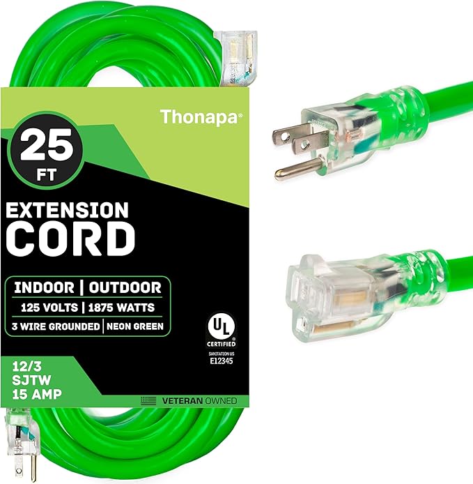 25 Foot Outdoor Extension Cord - 12/3 Heavy Duty Neon Green Extension Cable with 3 Prong Grounded Plug for Safety - Great for Garden and Major Appliances