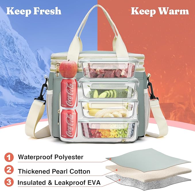 LOKASS Expandable Lunch Box for Women Men Adult Lunchbag Cooler Tote Bag with Adjustable Shoulder Strap Insulated Reusable Womens Lunch Bags for Work Camping Beach 16L, Olive Green