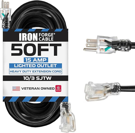 Iron Forge Cable 50 ft Lighted Outdoor Extension Cord - 10/3 SJTW Heavy Duty Black Extension Cable with 3 Prong 15 AMP Grounded Plug for Safety