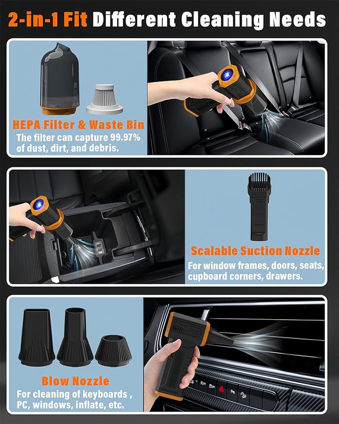 Compressed Air Duster, 130K RPM Powerful Cordless Mini Blower with Display, 10-Gear Adjustable Car Vacuum with Fast Charging, Rechargeable Handheld Vacuum for Home, Outdoor and Car (Black, 2-in-1)