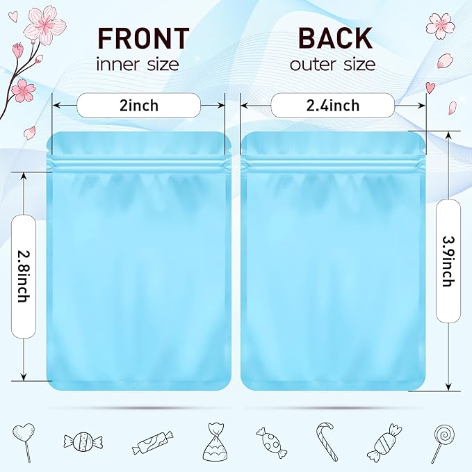Funfery 100 Pack Blue Mylar Packaging Bags Resealable Bags Double Sided Color Odor Proof Pouch Baggies Smell Proof Foil Bag for Food Storage,Small Business(Blue,2.4x3.9inch)