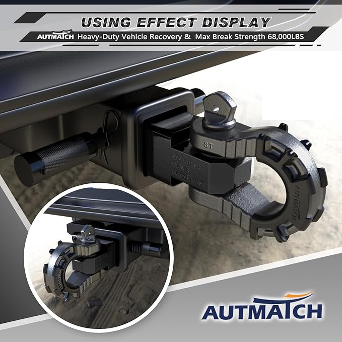 AUTMATCH Shackle Hitch Receiver 2" with 3/4" Mega D Ring Shackle and 5/8" Trailer Hitch Lock Pin, 68,000 Lbs Break Strength Heavy Duty Receiver Tow Kit for Off-Road Vehicle Recovery, Black & Gunmetal
