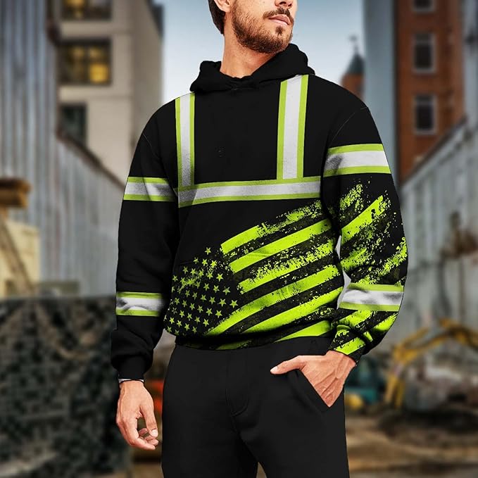Color US Flag High Visibility Hoodie for Men Women Reflective Tapes Safety Workwear for Worker Runner Patriotic
