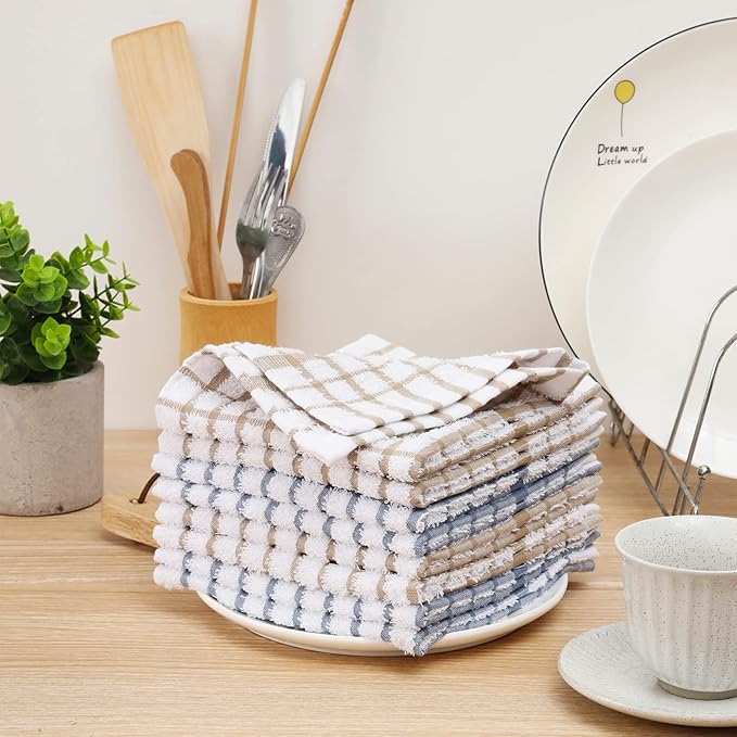 Egles 6 Packs Kitchen Dishcloths, 100% Cotton Grid Terry Dish Cloths 12" x 12" Ultra Soft Super Absorbent Dishrag Reusable Dishcloth, Multi-Purpose Quick Drying Hand Dish Towel Set with Hanging Loop