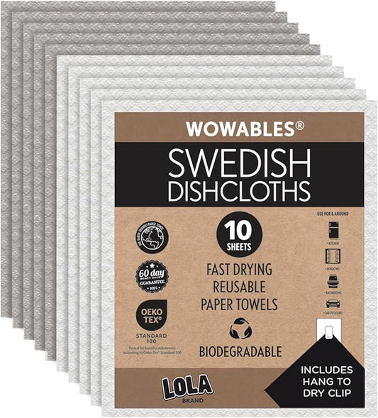 LOLA Swedish Dishcloths, 10 Sheets Biodegradable Reusable Paper Towels Absorbent Kitchen Sponge Cloths Zero Waste No Odor, Made in Germany