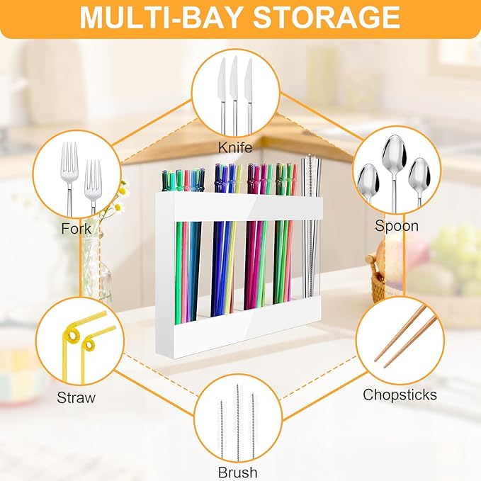 Straw Holder Acrylic for Cabinet Reusable Organizer Dispenser 5-Grid Straw Rack Comes with 8 Double-Sided Tapes and 15 Classification Label Stickers (White)