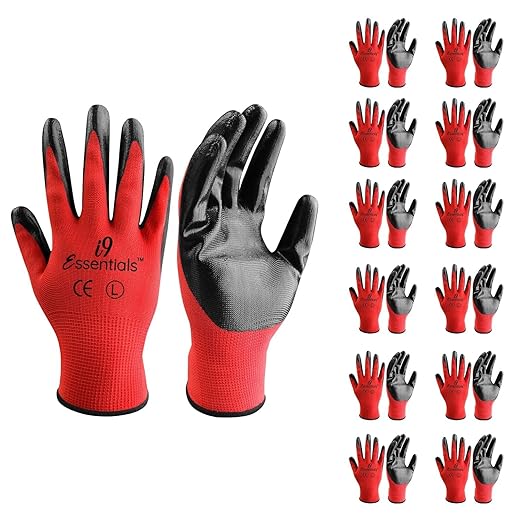 I9 Essentials Work Gloves 12 Pairs – Red Seamless Knit Gloves with Nitrile Coated Palm & Fingers, Breathable Safety Grip for Men & Women, General Duty, Construction, Warehouse (Large)