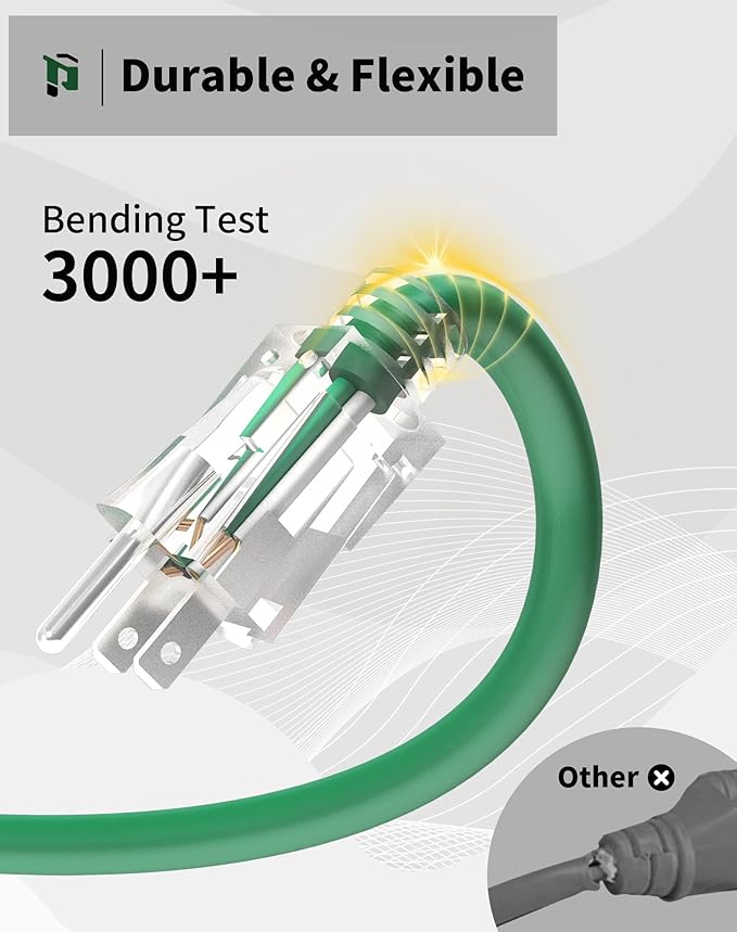 25Ft 12/3 Outdoor Extension Cord with 3-Outlets, Heavy Duty 12 Gauge 3 Prong Extension Cord Waterproof with Lighted end, 15A 12AWG 1875W SJTW, ETL Listed - Great for Garage, Garden and Home, Green