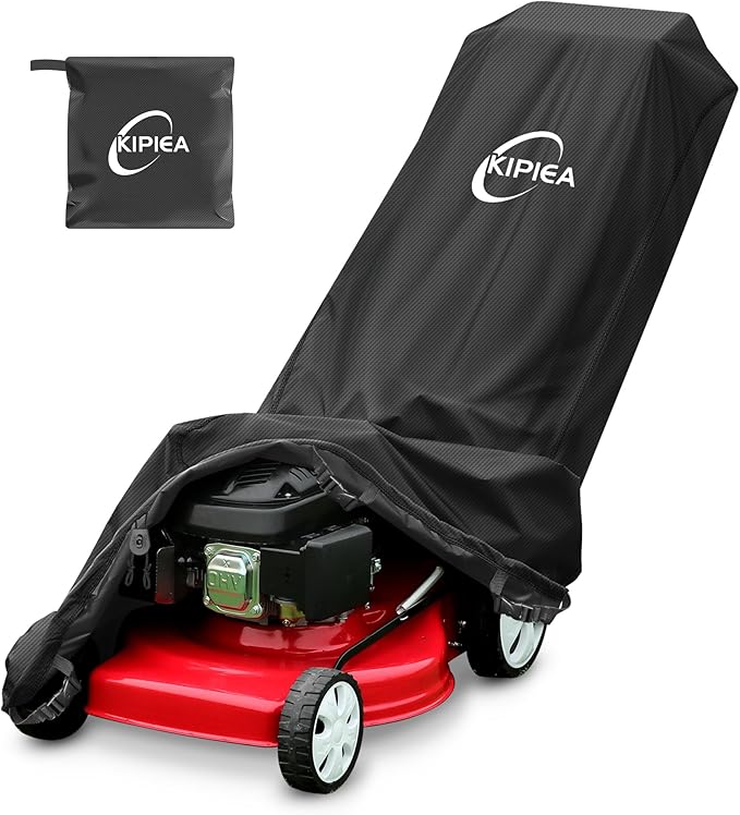 Kipiea Outdoor 600D Lawn Mower Cover Waterproof, UV & Tear-Resistant with 4 Buckles and 2 Drawstrings for Most Push Lawn Mowers