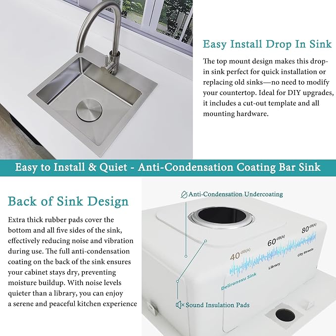 15 Inch Bar Sink Drop In - Delironexu 18 Gauge Stainless Steel Small Kitchen Sink, 15"x15" Single Bowl Square Wet Bar with Brushed Finish for Outdoor, RV, and Prep Use