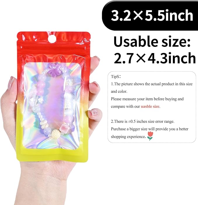 100 Pack Resealable Plastic Bags for Food Storage, Zipper Bags with Clear Front Window, Packaging Pouch for Small Business (Red & Yellow, 3.2x5.5 inch)