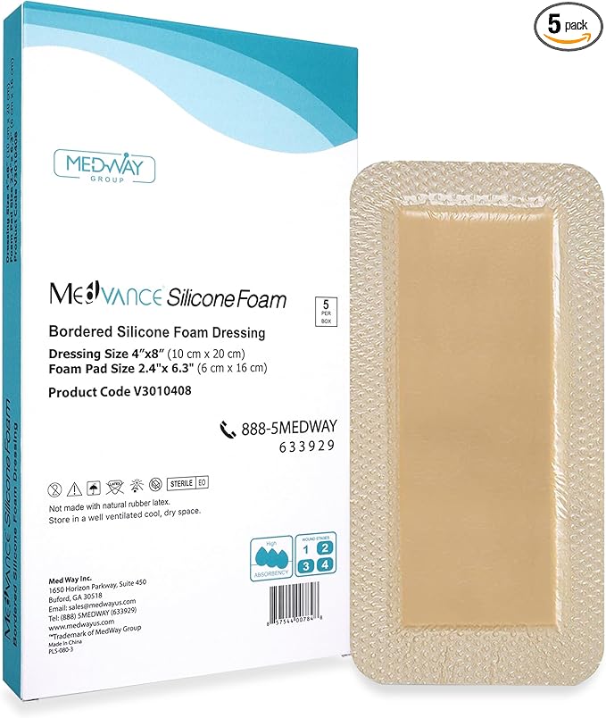 MedVance Bordered Adhesive Silicone Foam Dressing Pack of 5 - Waterproof Silicone Pad - Easy Apply & Remove Sterile Bandages - Wound Care & Dressings for Burns & More (4”X8” Bandage, 2.4"x 6.4" Pad)