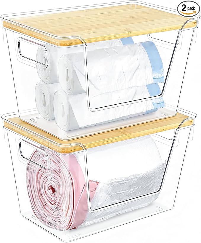 2-Pack Trash Bag Holder with Bamboo Lid, Acrylic Stackable Trash Bag Dispenser for 13/30/33 Gal Bags, Large Garbage Bags Dispenser Holder for Kitchen Laundry Room Under Sink Organization