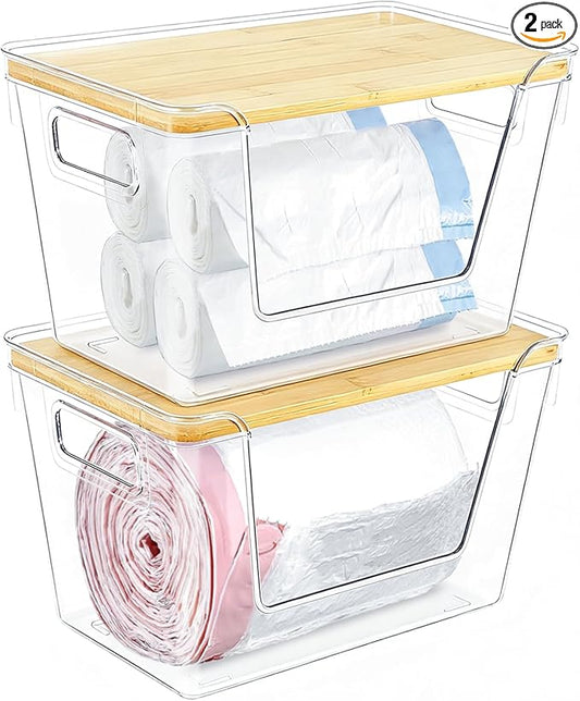 2-Pack Trash Bag Holder with Bamboo Lid, Acrylic Stackable Trash Bag Dispenser for 13/30/33 Gal Bags, Large Garbage Bags Dispenser Holder for Kitchen Laundry Room Under Sink Organization