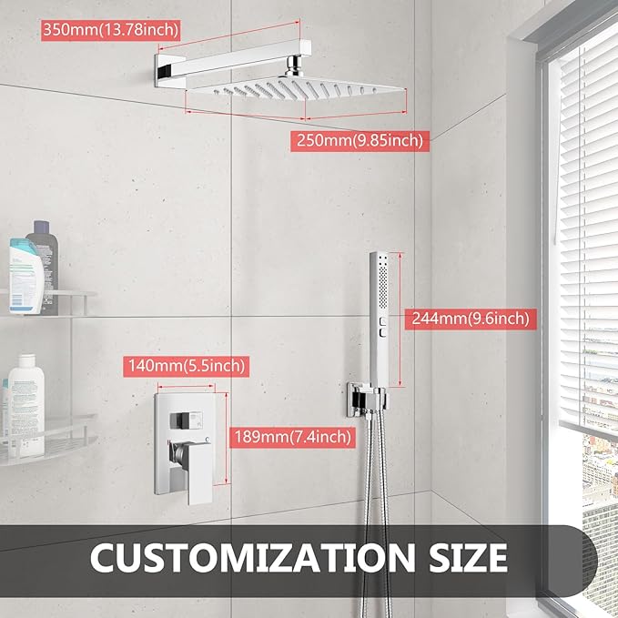 Shower Faucet Set Rainfall Shower System with Square Showerhead and Handle Set Fixture with 2 in 1 Function Handheld Sprayer Wall Mounted Trim Repair Kit Rough-in Valve 10 Inch Polish Chrome