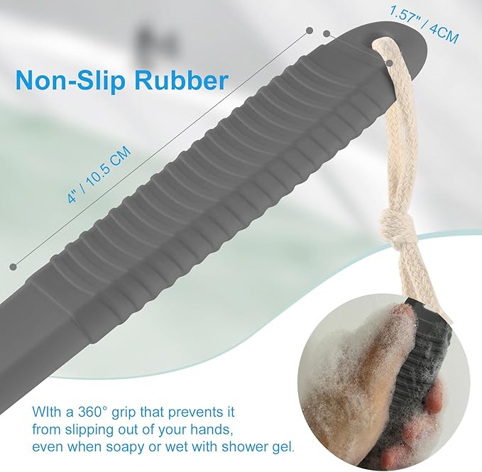 VANZAVANZU Back Scrubber for Shower, Bath Brush with 17-Inch Long Anti-Slip Handle, Wet and Dry Brushing Body Brush for Body Cleansing, Back Brush for Men and Women (Grey)