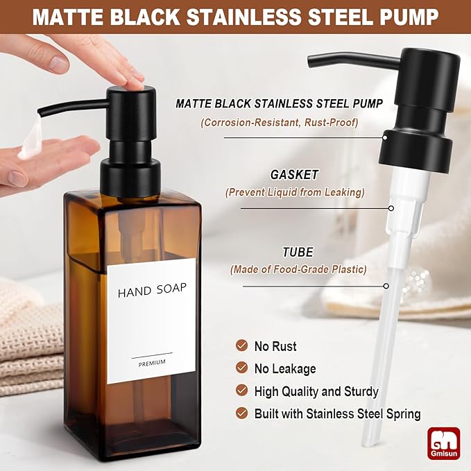 GMISUN Amber Glass Soap Dispenser, 2 Pack Hand Soap Dispenser Bathroom, 12 fl oz/350ml Dish Dispenser Set for Kitchen, Glass Liquid Dispenser with Stainless Steel Pump, Brown Soap Dispensers Bottle