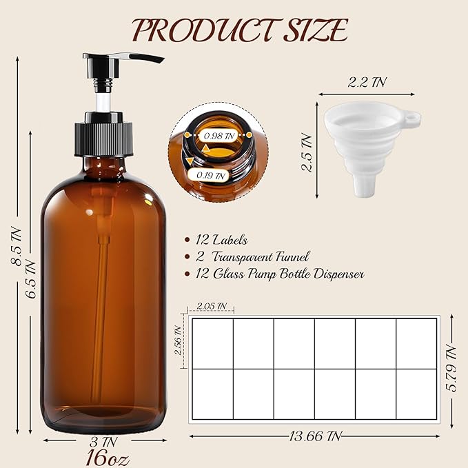 12 Pack Amber Glass Bottles 16oz with Pump Dispensers, Refillable Empty Pump Bottles for Bathroom, Kitchen, Shampoo, Soap, Lotion – Includes 2 Funnels & 12 Labels