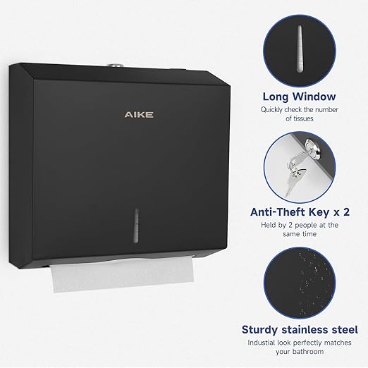 AIKE 250 Sheets Compact Multifold Wall Mount Paper Towel Dispenser,Stainless Steel Black AK5180 (Max Folded Size 10.6"x3.9")