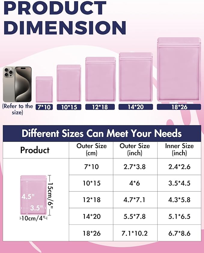 FireKylin 100 Pack Resealable Packaging Bags for Small Business Double-Sided Color Smell Proof Bags for Food Storage Flat Bags (Pink, 4" x 6")
