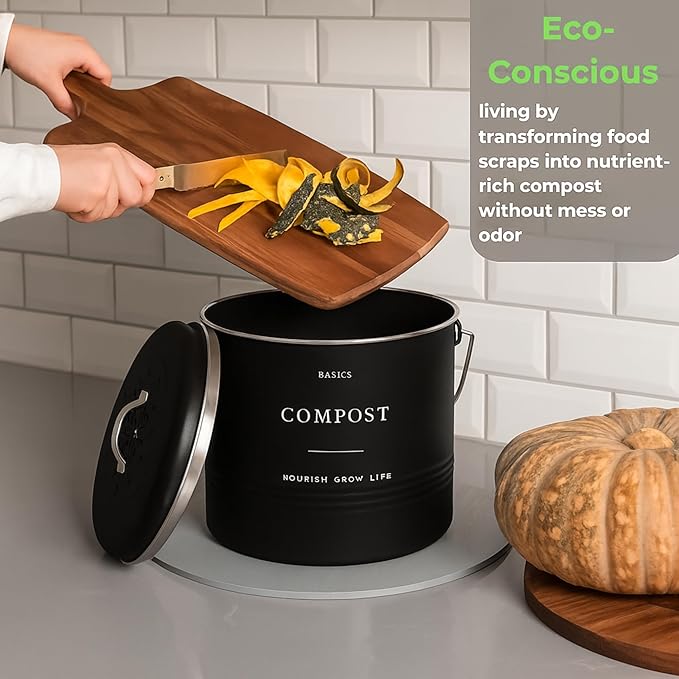 D'Lifeful Kitchen Compost Bin – 1.3 Gallon Countertop Farmhouse Compost Container with Lid – Odorless Indoor Food Scrap Pail with 6 Charcoal Filters – Eco-Conscious and Easy to Clean - Black