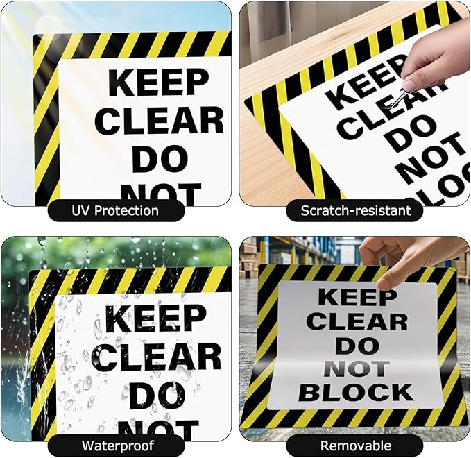 5 Pack Keep Clear Do Not Block Sign 17 × 17 Inches Caution Warning Safety Sticker Self Adhesive Vinyl Waterproof Signage for Factory Warehouse Workplace