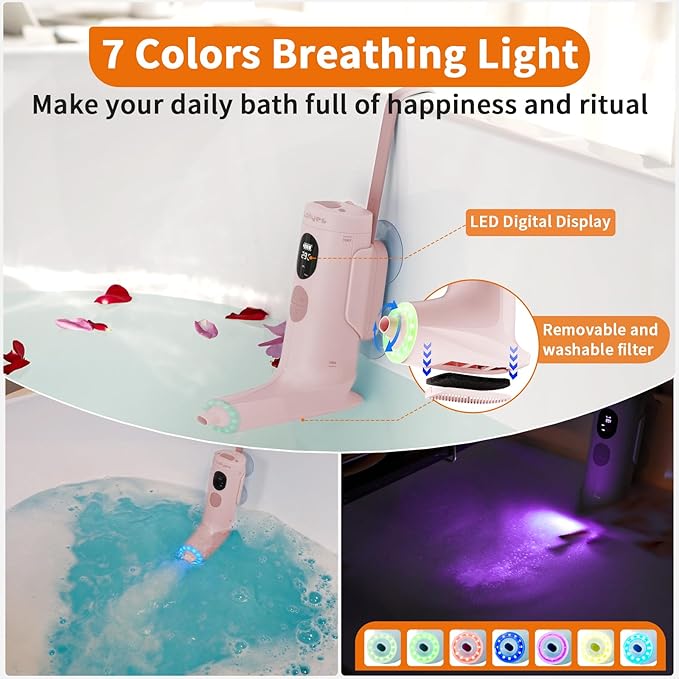 ollyes Cordless Bath Jets for Tub - 2 Modes (Jet/Bubble) with 3 Adjustable Speeds, IP67 Waterproof Portable Bubble Bath Machine, Spa Bath Accessories for Home Daily Relaxation (Pink)