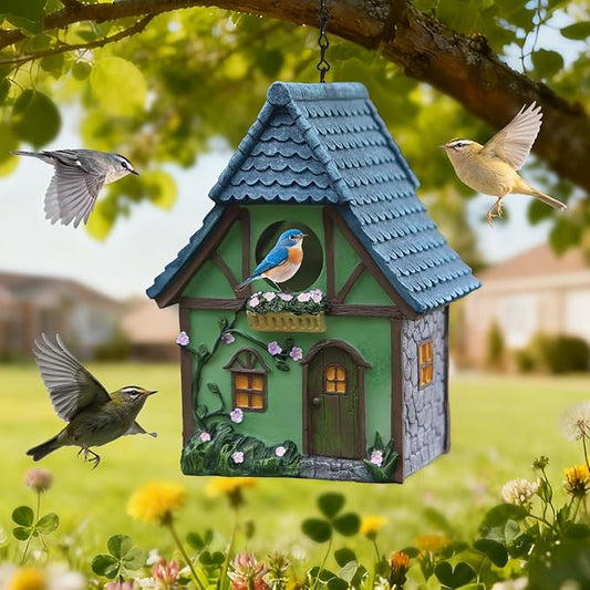Cottage Garden Birdhouse – Green Resin Outdoor Decorative Bird House with Flower and Stone Details, Weatherproof for Backyard or Porch
