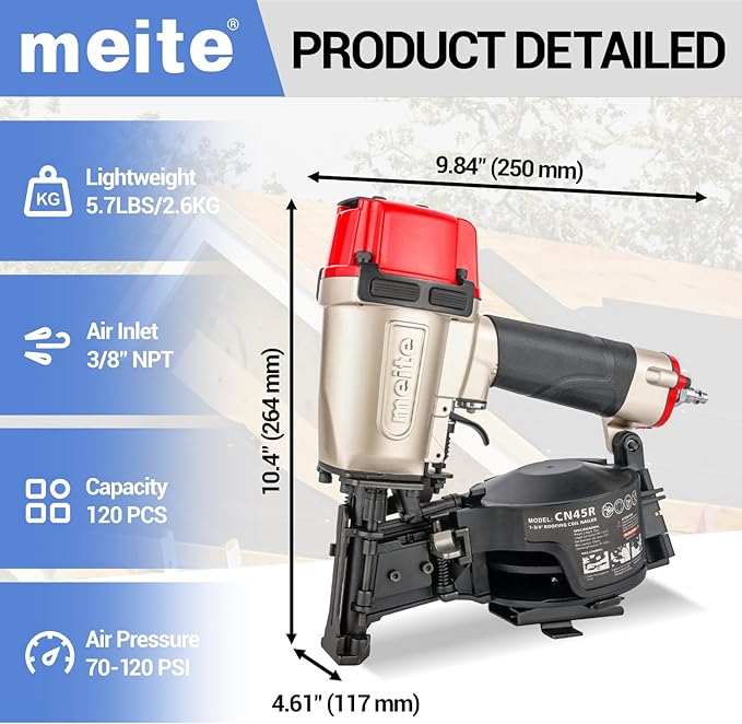 meite CN45R Roofing Nailer 15 Degree Professional Heavy Duty Pneumatic Coil Roofing Nail Gun, Tool-free Depth Dial & Dual Firing Modes for Asphalt Shingles Fencing, Accepts 7/8" to 1-3/4" Coil Nails
