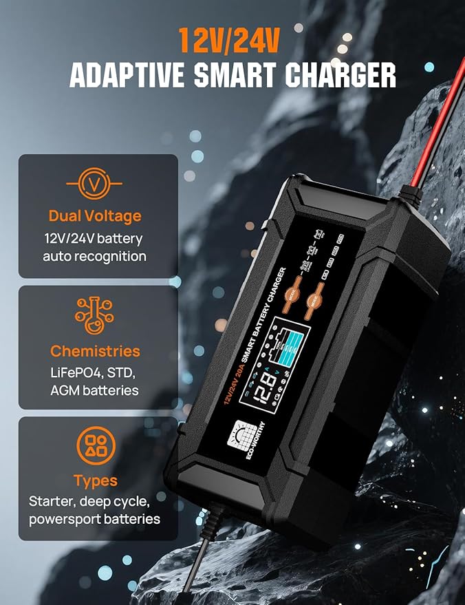 ECO-Worthy 12V/24V 20A Smart Battery Charger Maintainer, Auto Voltage Detect for LiFePO4 Lead-Acid with Multi-Current Options 5A/10A/15A/20A, Trickle Charger for Car Motorcycle Lawn Mower RV Camping